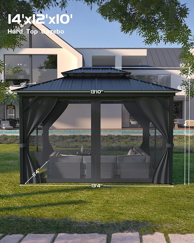 12'X14' Hardtop Gazebo with Double Steel Roof & Reinforced Aluminum Frame, Curtains & Mosquito Netting, Outdoor Permanent Pavilion for Patio, Backyard, Deck, Lawn, Garden, Gray