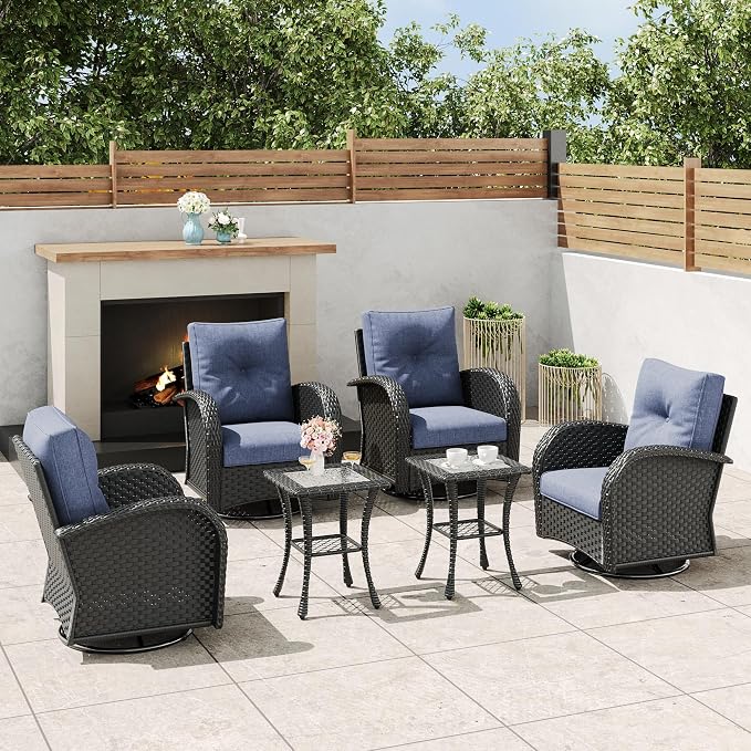 6 Pieces Outdoor Wicker Patio Swivel Rocking Chairs, All Weather Wicker Conversation Set with Side Table