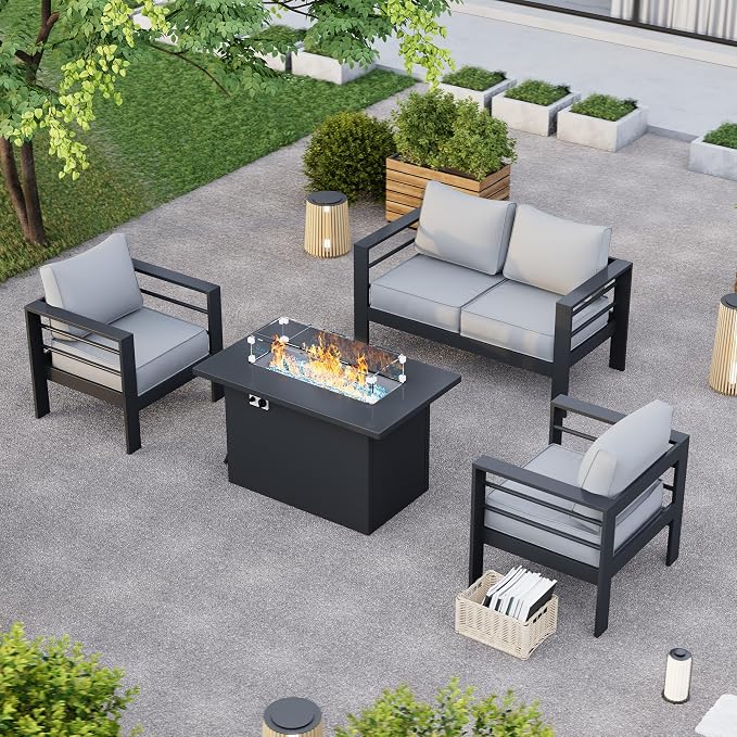 Aluminum Patio Furniture with Fire Pit Table, 5 Piece Outdoor Set, Waterproof Covers for Backyard Garden (Dark Grey & Light Grey)