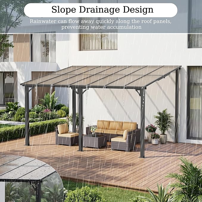 ALAULM 12'x 20' Outdoor Hardtop Pergola,Wall Mounted Lean to Gazebo with Sloped Sun Panel Roof,Galvanized Metal Frame,Sunshade for Patio, Backyard, Deck and Poolside