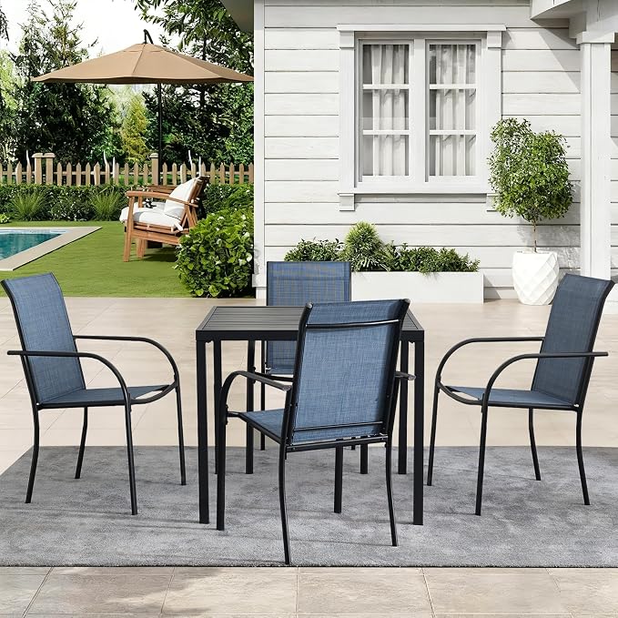 5-Piece Outdoor Dining Set, 35.5" Square Metal Patio Table with Light Blue Chairs, Black Table with Umbrella Hole for Garden, Yard, Patio