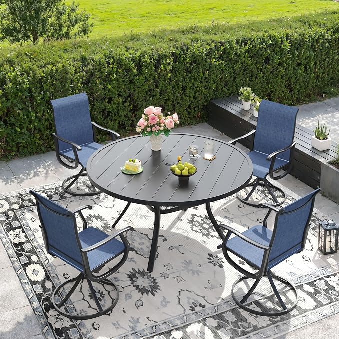 DIFY 5 Pieces Outdoor Dining Set for 4, Outdoor Furniture Set of 4 Blue Textilene Swivel Patio Chairs, 47.2" Black Round Metal Dining Table with Umbrella Hole for Garden Deck Backyard