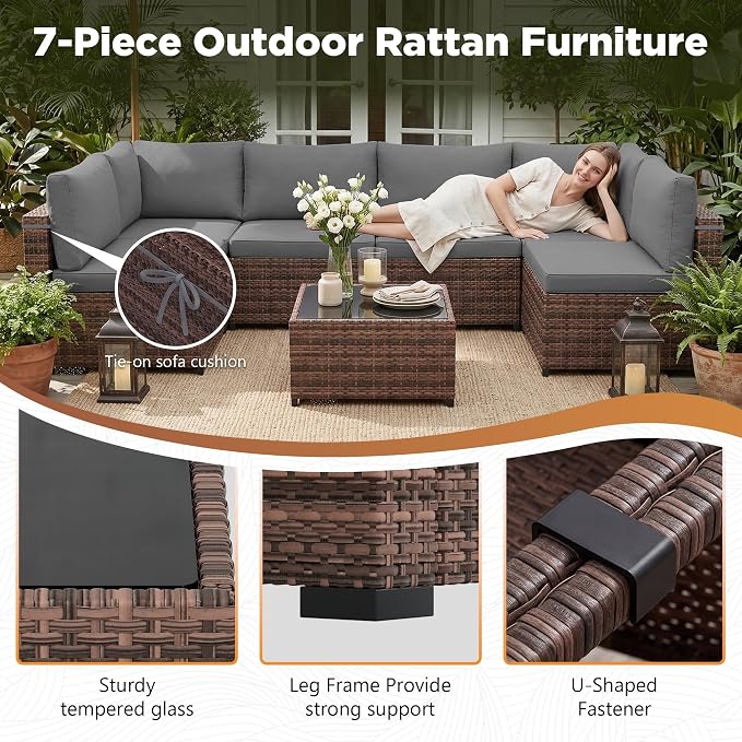 LHBcraft 7 Pieces Outdoor Wicker Rattan Patio Furniture with Rain Cover, Wicker Rattan Outdoor Sectional Sofa Set with Coffee Table & Gery Cushions for Garden, Poolside