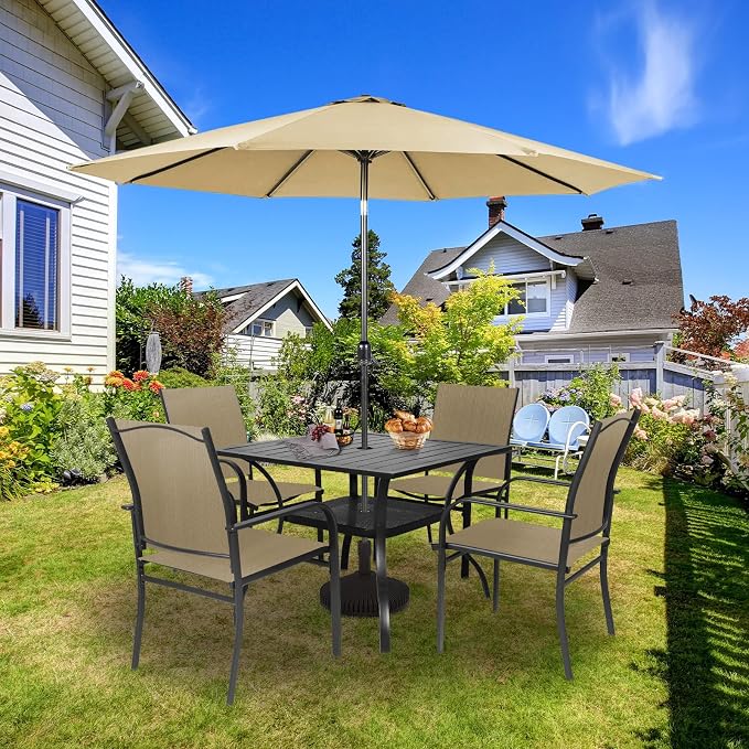 SUNCROWN 6 - Piece Outdoor Dining Set, Patio Furniture Set with 4 Textilene Dinning Chairs, 1 Steel Slat Metal Bistro Table and 1 Brown 9Ft Patio Umbrella for Lawn Garden Backyard Deck, Brown