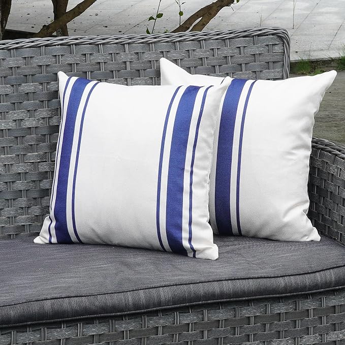 ONWAY Outdoor Pillow Covers Waterproof 18x18 Set of 2 Decorative Linen Throw Pillow Cover Beige and Navy Blue Striped Outdoor Pillows for Patio Furniture