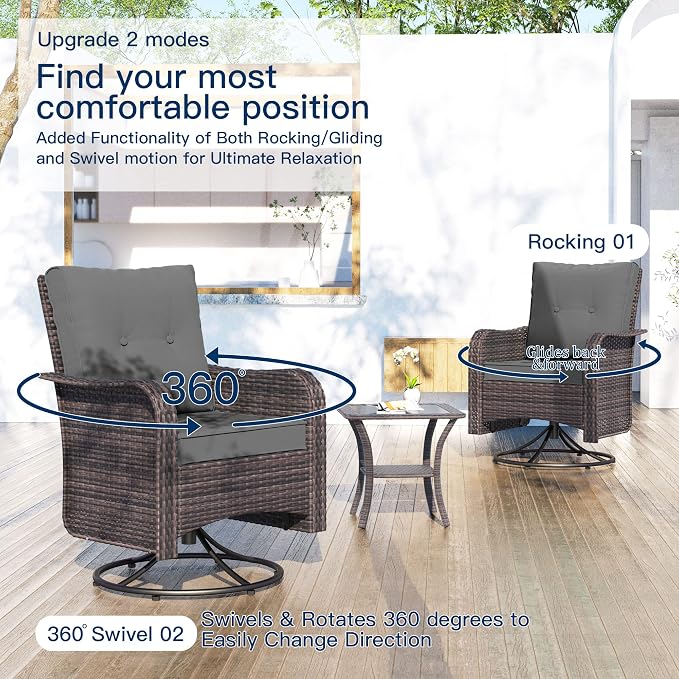 Kullavik 11PCS Outdoor Patio Furniture Set,PE Wicker Rattan Sectional Sofa Patio Conversation Sets with 43" 55000BTU Gas Propane Fire Pit Table,Swivel Rocking Chairs Set,Grey
