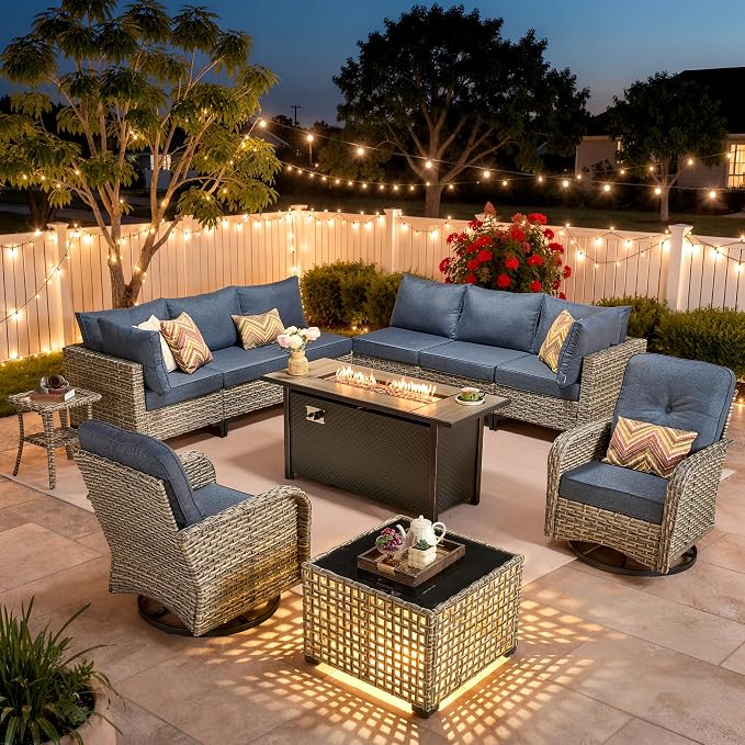 11 Piece Patio Furniture Set Outdoor Sectional with 54" Fire Pit Table, Swivel Rocking Chairs and L-Shaped Rattan Couch, Modular Conversation Set with Solar Coffee Table for Deck, Denim Blue