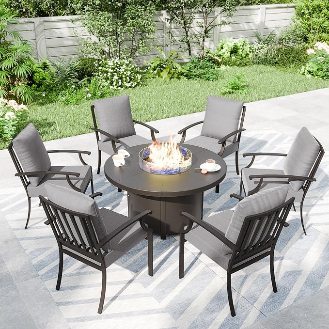 Kullavik 7 Piece Metal Outdoor Patio Furniture Set with Fire Pit Table,Outdoor Dining Table Set with 6 Fixed Chairs and 55000 BTU Outdoor Round Fire Pit,Grey