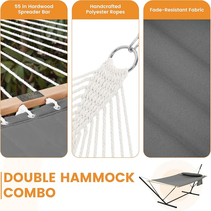Lazy Daze Hammocks 2 Person Portable Hammock with 12FT Stand for Outside, 10.5FT Quilted Double Hammock with Spreader Bar and Detachable Pillow, 450lbs Capacity for Outdoor Patio, Grey