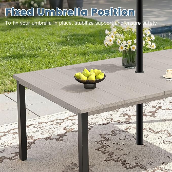 DIFY Outdoor Dining Set for 6, 7 Piece Patio Table and Chairs Set, Grey Textilene Swivel Patio Chairs & 63" Grey Wood-Like Rectangle Metal Dining Table with Umbrella Hole, for Garden Backyard Deck