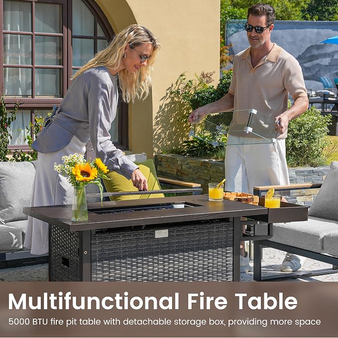 Sundale Outdoor Wicker Patio Furniture Set with Fire Pit, 6 Piece All Weather Outdoor Furniture Set with Swivel Chairs & Couch, High Back Patio Conversation Sets with 6" Cushions for Yard, Deck (Grey)