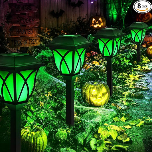 GIGALUMI Solar Halloween Lights Outdoor, LED Solar Pathway Lights 8 Pack | Garden Light Outdoor Decorations, Garden Decor for Yard, Patio, Landscape, Planter, Walkway (Green)