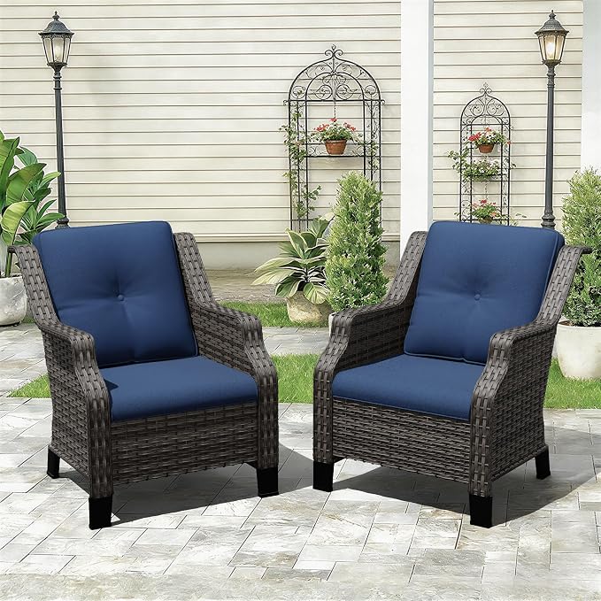 Outdoor Patio Chairs Set of 2, Wicker Patio Furniture with Thick Cushions, Curved Armrest, Deep Seating, Rattan Outdoor Chairs for Porch, Deck, Balcony