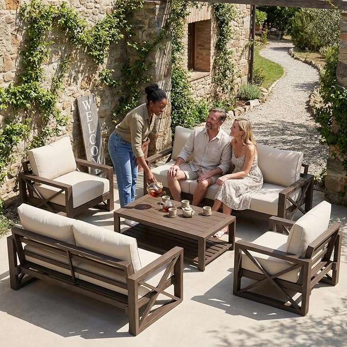 UDPATIO Aluminum Patio Furniture Set, Faux Wood Grain Modern Outdoor Furniture, 6" Cushions Metal Patio Conversation Sofa with Fire Table for Poolside Deck, 6 PCS, Dark Grey(Include 600D Covers)
