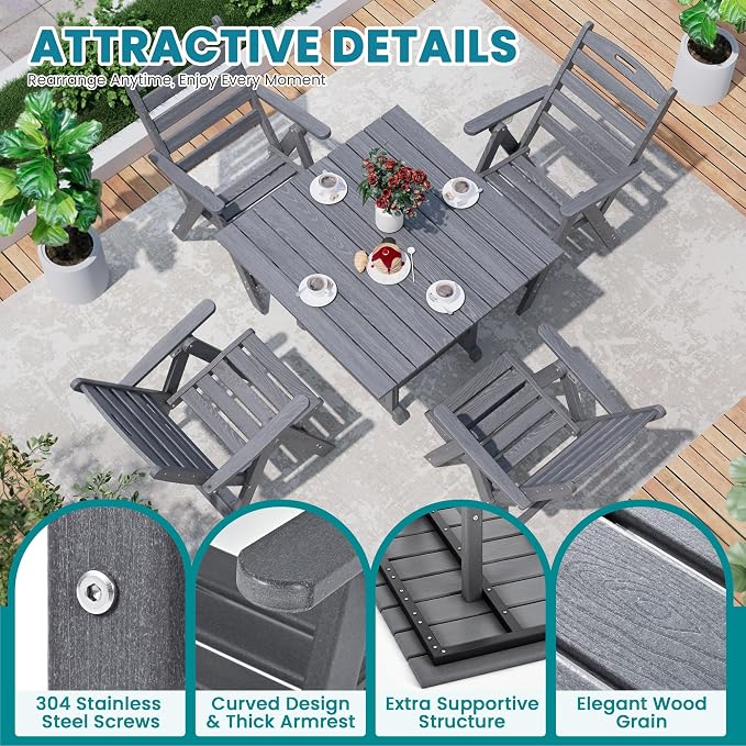 5-Piece Outdoor Dining Set, No-Assembly Foldable Chairs, All-Weather HDPE Outdoor Table and Chairs with Elegant Armrest, Patio Furniture Sets with Umbrella Hole for Patio, Gray