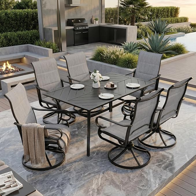 NUU GARDEN 7-Piece Outdoor Dining Set, Outdoor Table and Chair Set with Umbrella Hole, Padded Textilene Dining Table Set, All Weather Outdoor Table and Chairs for 6, Swivel Design, Light Gray