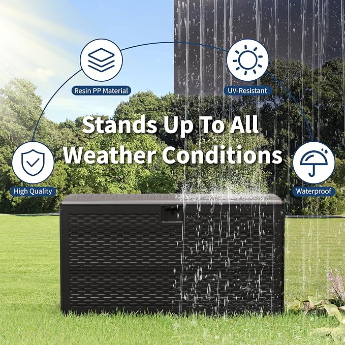 73 Gallon Waterproof Large Resin Deck Box Indoor Outdoor, Lockable Storage Container for Patio Furniture Cushions, Throw Pillows, Garden Tools, and Pool Floats, Black