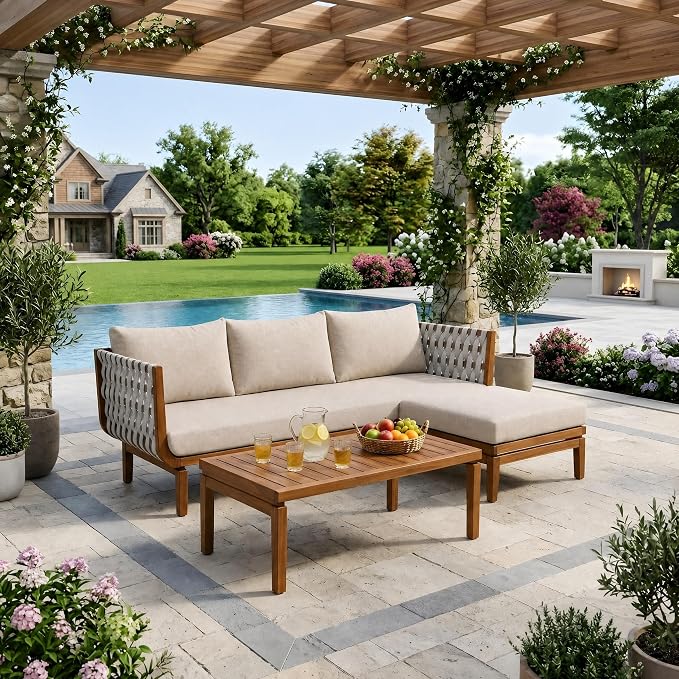 Christopher Knight Home Gwen 3 Piece Acacia Wood Patio Conversation Set with Sofa, Coffee Table and Ottoman, 3-Seater Sofa with Water-Repellent Cushion, Outdoor Patio Furniture Set, Teak+Beige