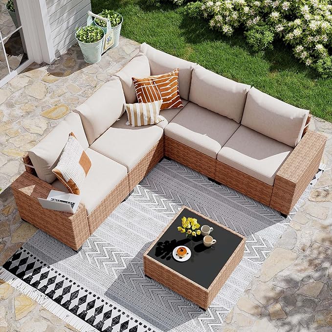 JOIVI 6-Piece Outdoor Sectional Patio Furniture Set, All-Weather Wicker Conversation Sectional with 8” Wide Armrests & 4” Cushions, Modular L-Shaped Sofa for Backyard, Garden & Porch, Beige