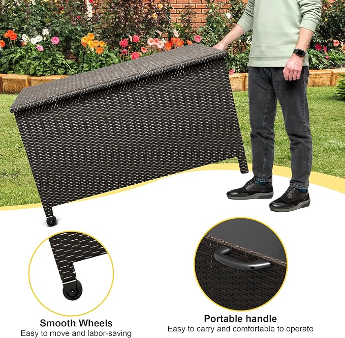 Wicker Deck Box, 185 Gallon All-Weather Outdoor Storage Box, Rattan Storage Bin for Patio Furniture, Outdoor Cushions, Pool Storage and Garden Tools, Brown