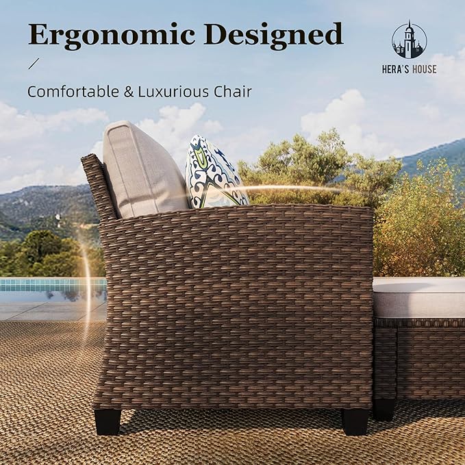 HERA'S HOUSE Swivel Glider Patio Furniture Set with Fire Pit, Outdoor Wicker Conversation Sets, 8 Pieces Deep Seat Rattan Sofa Sets with Cushions for Deck Backyard Lawn, Beige/Brown