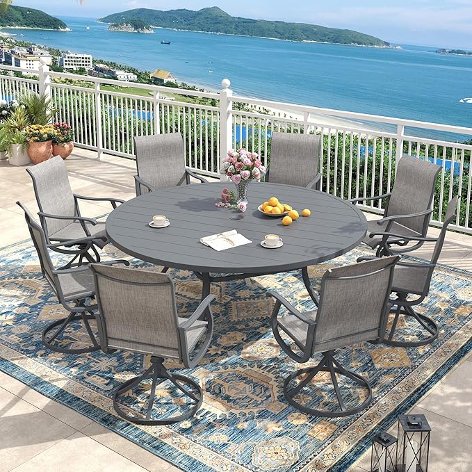 Outdoor Dining Set for 8, 63" Metal Round Outdoor Dining Table with Umbrella Hole and Sling Patio Swivel Chairs, 9 Pieces Patio Table and Chairs Set for Garden Backyard, Grey and Dark Grey