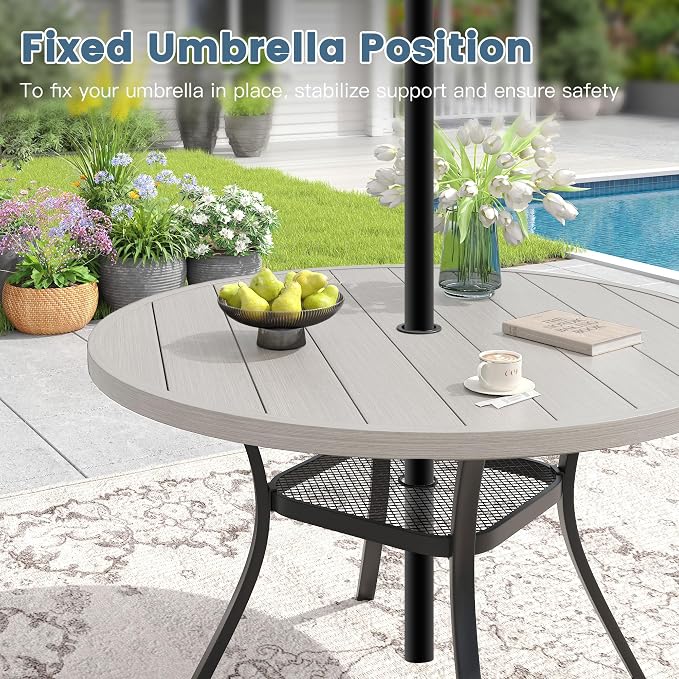 DIFY 7 Piece Outdoor Patio Dining Set for 6, Patio Table and Chairs Set with Umbrella Hole, 47.2" Round Dining Table and Stackable Metal Chairs for Backyard Garden Poolside, Grey Wood-Like & Grey