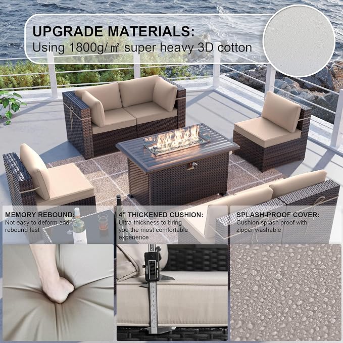 Kullavik 8 Pieces Outdoor Patio Furniture Set,Sectional Sofa Set with 43" 55000 BTU Gas Propane Fire Pit Table,Brown PE Rattan Wicker Patio Conversation Set,Sand