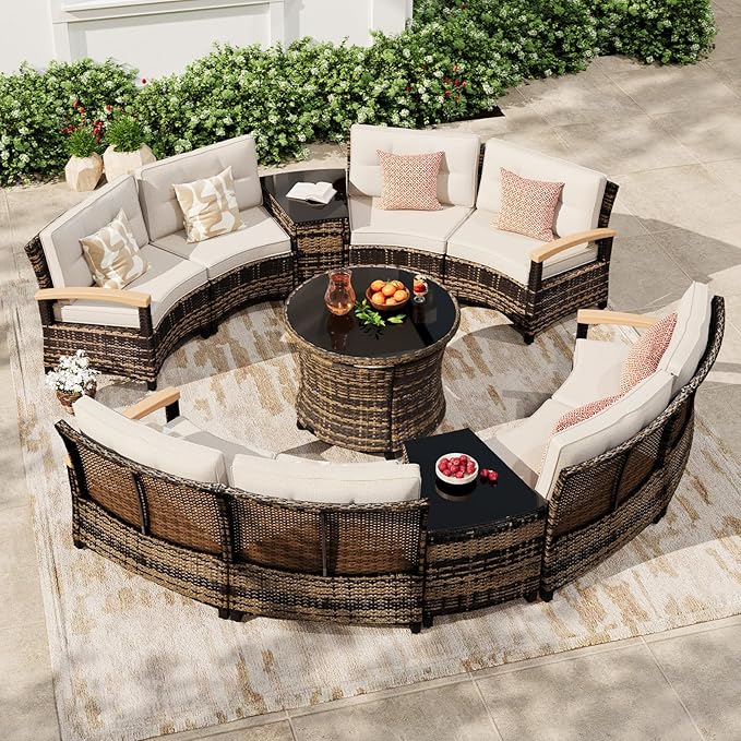 MEISSALIVVE 11 Piece Outdoor Patio Furniture Set, Half-Moon Curved Sectional Set with Wood Armrests, Patio Conversation Set for Porch,Deck,Balcony (Beige)