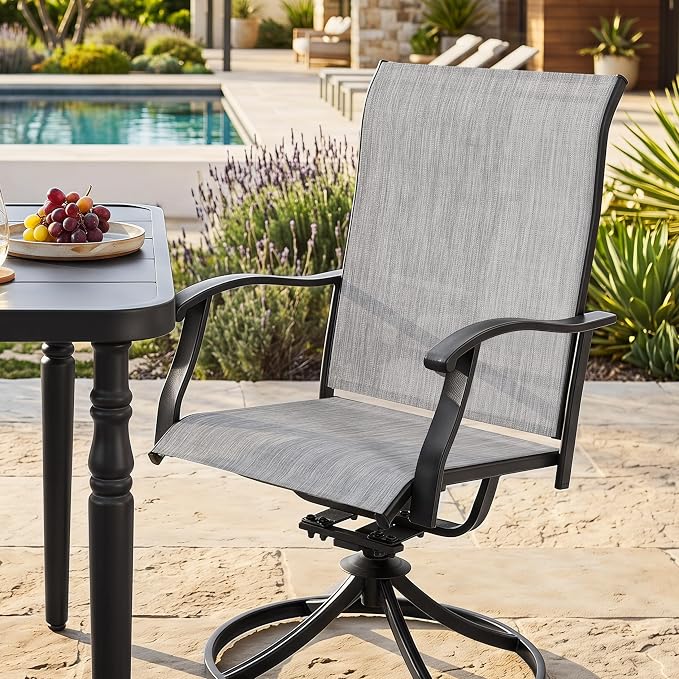 NUU GARDEN 5 Piece Patio Dining Set for 4, Swivel Chairs, Black | Square dining table with umbrella hole and 4 Textilene swivel chairs featuring ergonomic high backs and durable steel frames.