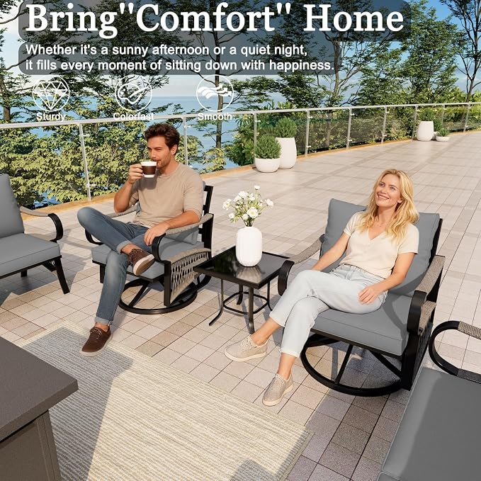9-Piece Outdoor Furniture Set, Metal Swivel Rocking Chairs with All-Weather Cushions, Patio Conversation Set with Fire Pit Table for Deck, Porch, Garden, Backyard, Poolside (Gray Cushions)