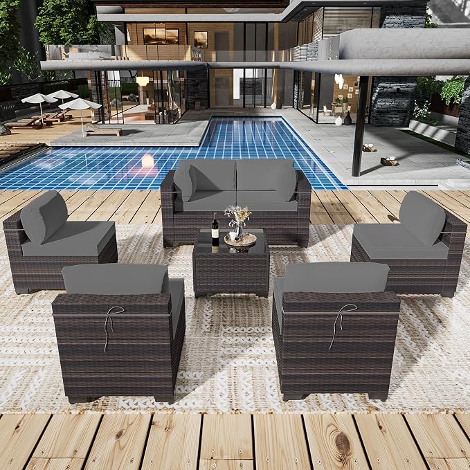 Outdoor Patio Furniture Set, 7 Pieces Outdoor Sectional Furniture Patio Sofa, All-Weather PE Rattan Patio Conversation Set with Tempered Glass Top Table & Cushions(Grey).