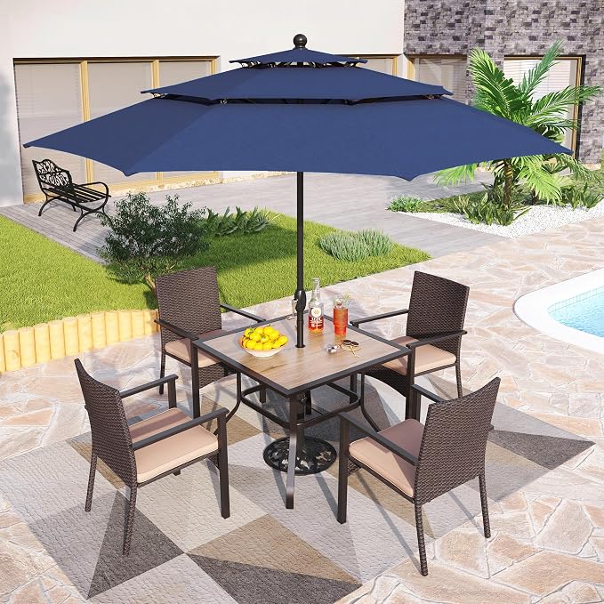 PHI VILLA 5pc Patio Dining Set with Umbrella, Square Table, Rattan Chairs | 37" Wood-like square dining table, cushioned wicker chairs, 10ft blue umbrella. Perfect for patio, deck, yard, porch.