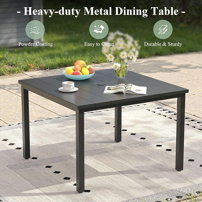 Outdoor Dining Set for 4, 40.2" Metal Square Outdoor Dining Table with Umbrella Hole and Wicker Stackable Patio Chairs, 5 Pieces Patio Table and Chairs Set for Garden Backyard, Black