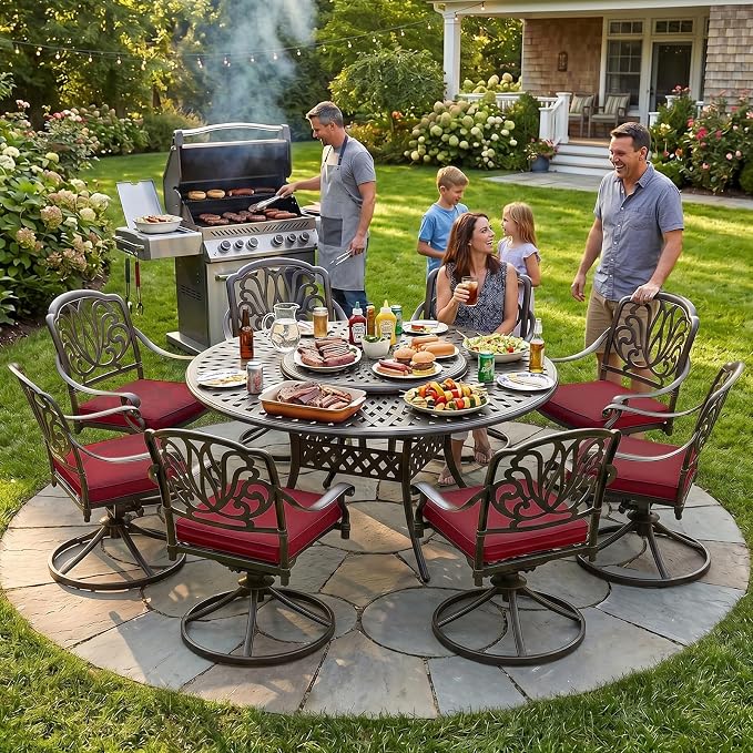 MEETWARM 9-Piece Outdoor Patio Dining Set, All-Weather Cast Aluminum Patio Conversation Set- 8 Cushioned Swivel Rocker, 61" Round Patio Dining Table w/Detachable Lazy Susan/Umbrella Hole, Chili Red