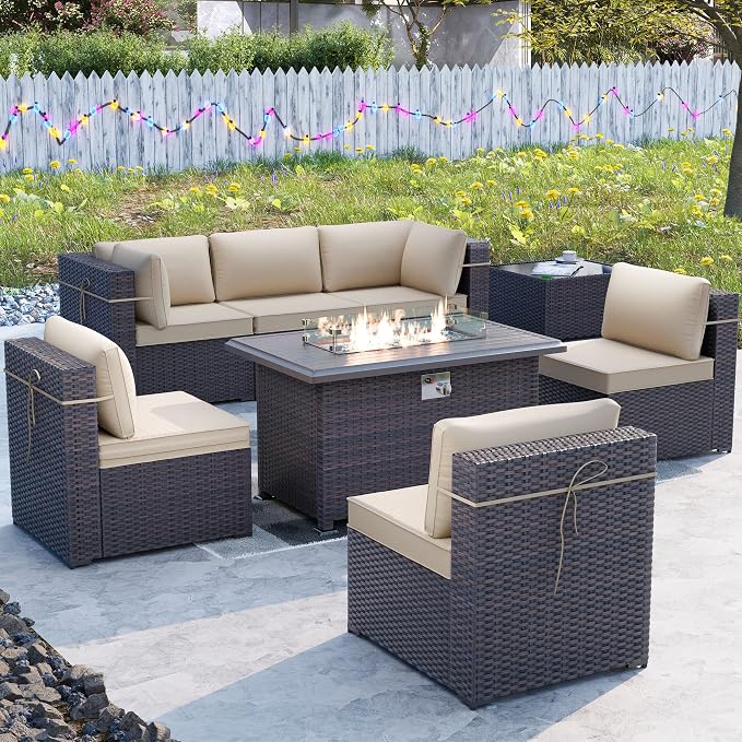 Kullavik 8 Pieces Outdoor Patio Furniture Set with 43" 55000BTU Gas Propane Fire Pit Table PE Wicker Rattan Sectional Sofa Patio Conversation Sets,Khaki