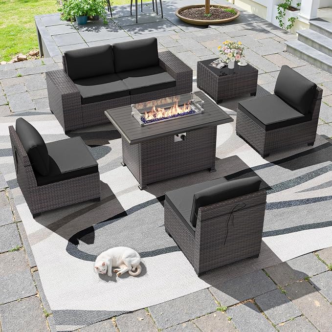 7 PCS Outdoor Patio Furniture Set,Outdoor Sectional Furniture with 43" 55000 BTU Gas Propane Fire Pit Table,All Weather PE Rattan Wicker Patio Conversation Set,Black
