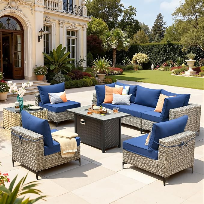 8 Pieces Patio Furniture Set with 42" Fire Pit, All-Weather Rattan Outdoor Sectional Conversation Sets L Shaped Sofas with Solar Light Coffee Table for Porch Balcony Backyard Navy Blue