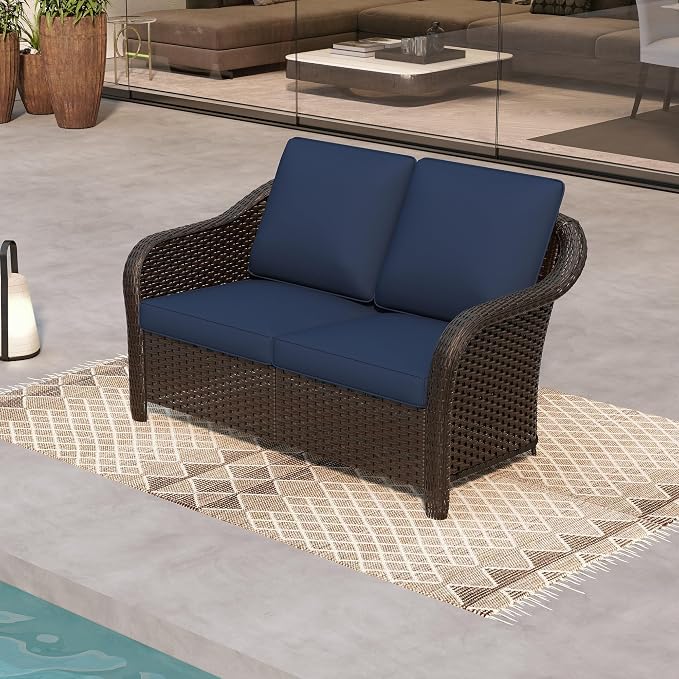 55" Outdoor Loveseat Wicker 2-seat Sofa with Removable Cushions, Conversation Patio Furniture, PE Rattan Couch, Steel Frame Couch with Cushions for Backyard, Deck (Navy Blue)