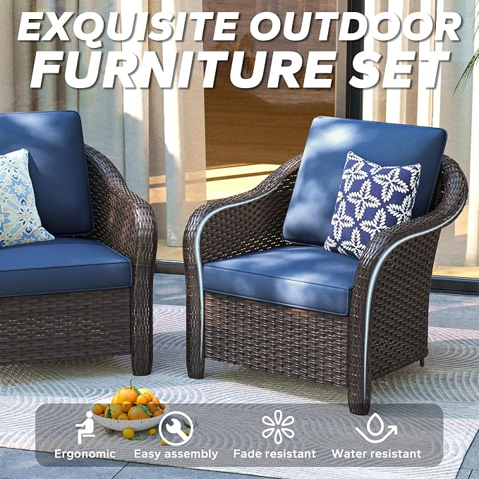 4 Pieces Outdoor Conversation Furniture Set, 55" Patio Couch，47" Metal Coffee Table, 2 Chairs, Rattan Wicker Sofa with Removable Cushions for Bistro, Deck (Navy Blue)