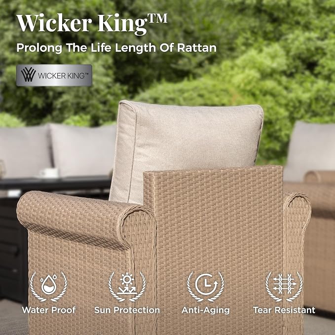 MIXPATIO Patio Furniture Set, 4 Piece Wicker Outdoor Furniture Set with Fire Pit Table & Thick Waterproof Cushions, 5 Seats Patio Conversation Set for Backyard Deck, Beige