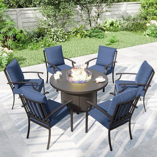 Kullavik 7 Piece Metal Outdoor Patio Furniture Set with Fire Pit Table,Outdoor Dining Table Set with 6 Fixed Chairs and 55000 BTU Outdoor Round Fire Pit,Navy Blue