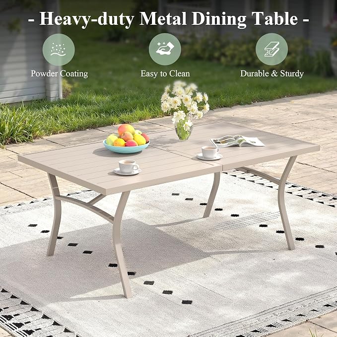 7 Pieces Patio Dining Set, 63" Outdoor Dining Table and Chairs Set for 6 Outdoor Furniture with Stackable Patio Chairs for Lawn Garden Backyard, Sandshell Table and Sandshell Chairs