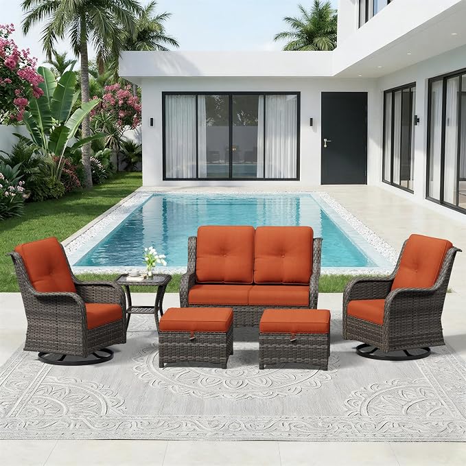 6 Piece Outdoor Wicker Patio Furniture Set, Outdoor Swivel Rocker Patio Chairs Set with Thickened Olefin Cushions, High Back and Deep Seating, Hand-Woven PE Rattan for Porch, Deck