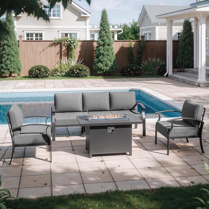 Kurapika Aluminum Patio Furniture Set 5-Seat Modern Metal Outdoor Conversation Sets w/45in Propane Fire Pit Table, w/5.1 Inch Cushion Patio Sectional Sofa w/5.1 inch Cushion, Grey