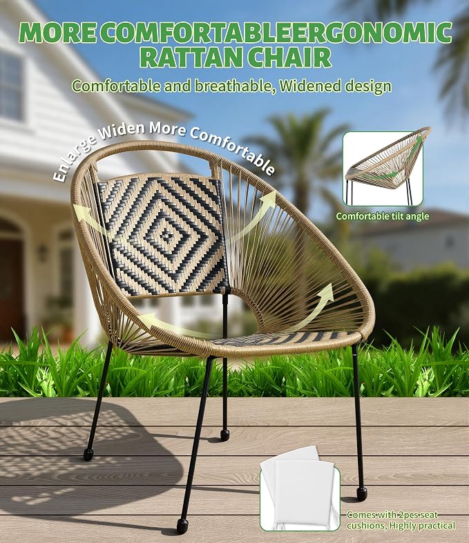 3-Piece Outdoor Patio Bistro Set, Wicker Chairs with Cushions, PE Rattan All-Weather Conversation Set with Coffee Table for Balcony, Porch, Backyard, Poolside, Garden, Deck, Black