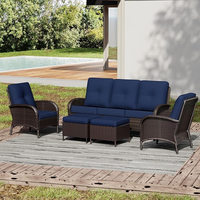 Joyside Wicker Patio Furniture Set, 5 Piece Outdoor Furniture Set with Thickened Cushions, High Back, Deep Seating, Wide Armrest, Rattan Outdoor Chairs for Porch, Deck
