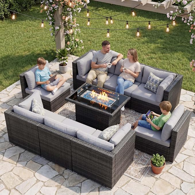 NICESOUL 9 Piece Outdoor Patio Furniture Set with Fire Pit Table Dual Natural Gas & Propane, 29.3'' High Back Extra Large Comfy Wicker Conversations, Deep Wide Modular Couches for Garden, Light Grey