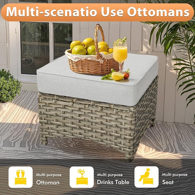 8 PCS Outdoor Patio Furniture Sets,Patio Conversation Sets Outside Rattan Soft Cushion Sofa with 2 Wicker Rocking Chairs Soft Cushion Fit Backyard Porch Garden Poolside Balcony,Light Grey