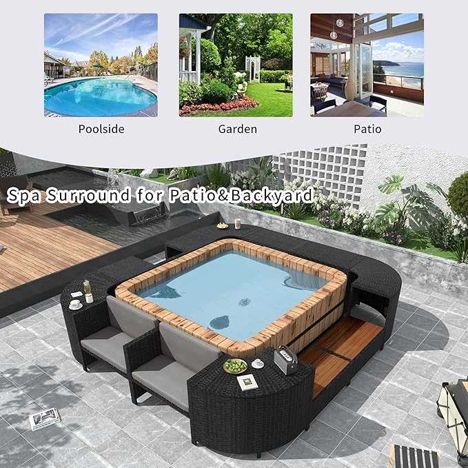 LUMISOL Patio Furniture Set, Spa Surround Outdoor Rattan Sofa Set with Wooden Seats and Storage Spaces, Quadrilateral Patio Sofa Set with Spa Surround Tub Frame for Patio, Backyard, Grey